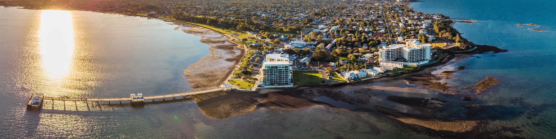 Drone view of Woody Point Jetty, a famous landmark on the Moreton Bay