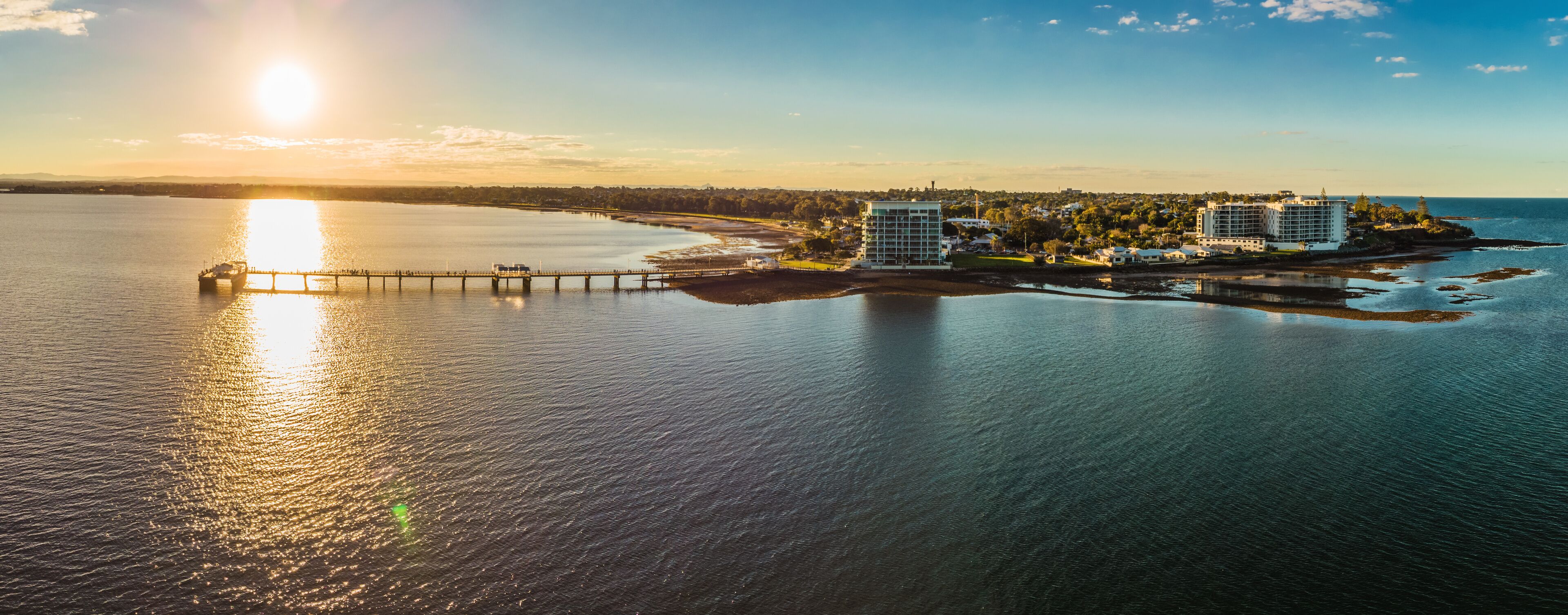 Woody Point Jetty is famous landmark on the Moreton Bay on Redcliffe peninsula
