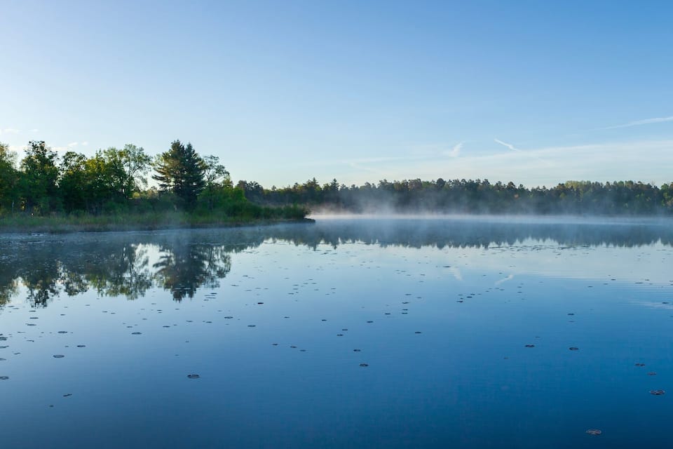 A calm lake with reflections of trees and a clear sky.