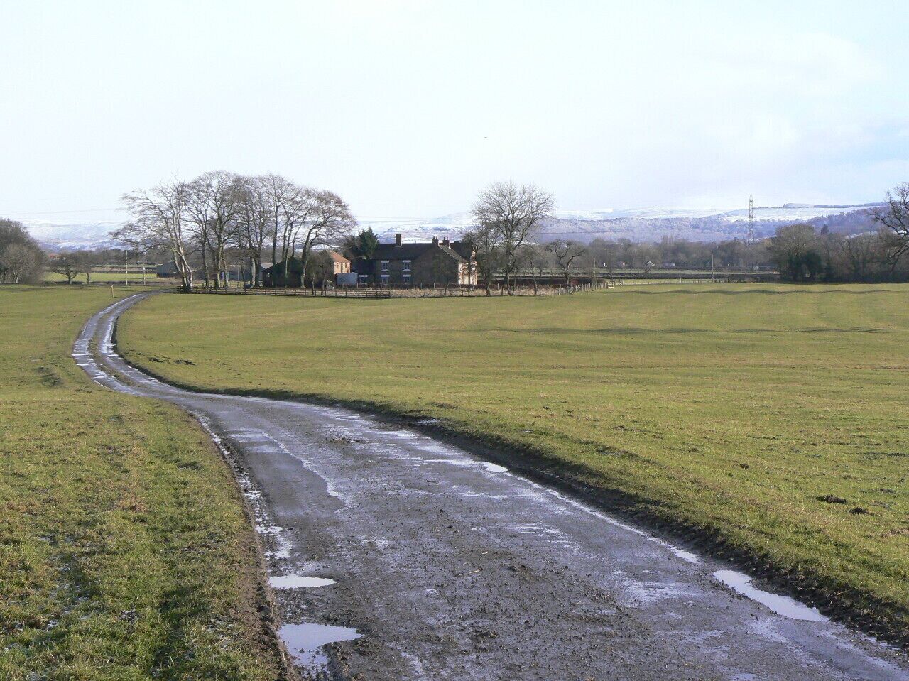 Clipt Lane Looking towards Lowfield House with the snow-covered Hambleton Hills in the distance.