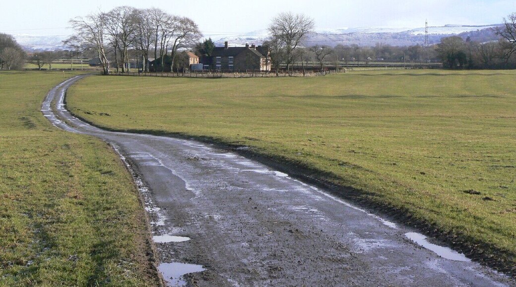 Clipt Lane Looking towards Lowfield House with the snow-covered Hambleton Hills in the distance.