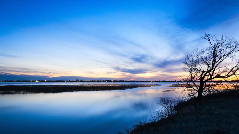 A calm river at dusk with a tree silhouetted against the sky.