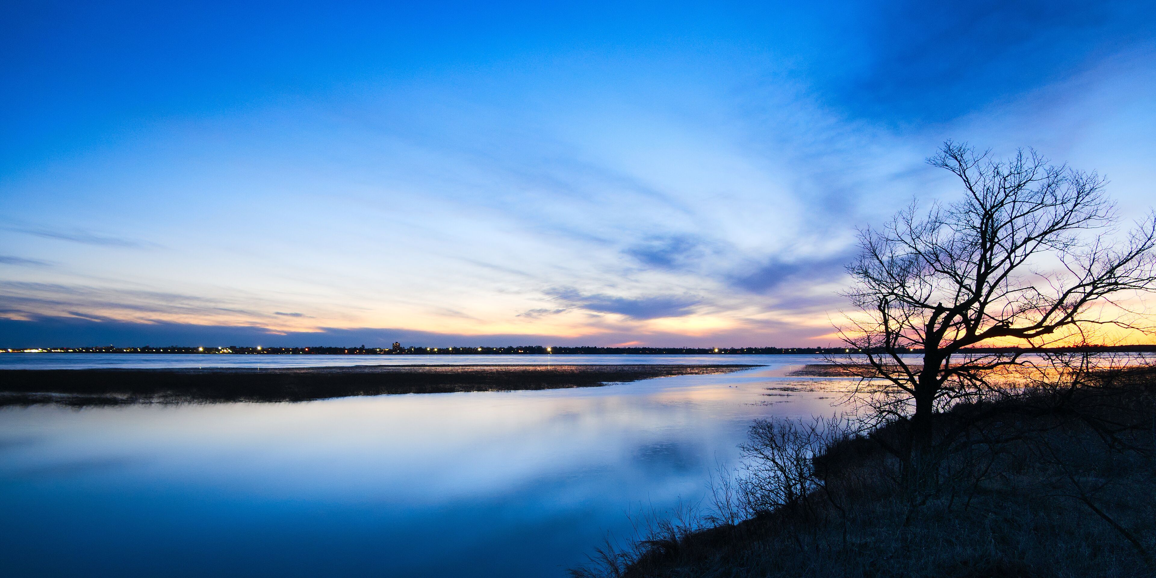 A calm river at dusk with a tree silhouetted against the sky.