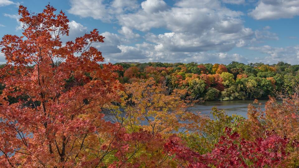 A river surrounded by autumn foliage with trees displaying red, orange, and yellow leaves.