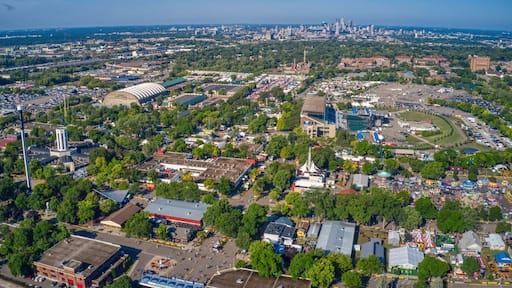 Falcon Heights, Minnesota, United States 9-5-21 Aerial View of the Minnesota State Fair looking West towards the Minneapolis Skyline