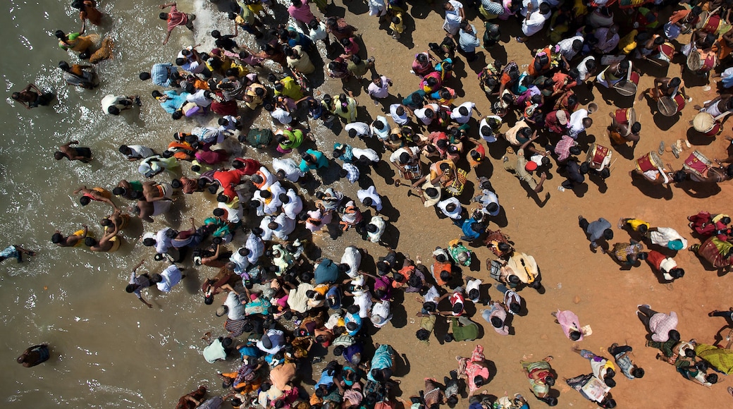 A crowded outdoor scene with people gathered on a reddish-brown surface, possibly a beach or plaza.