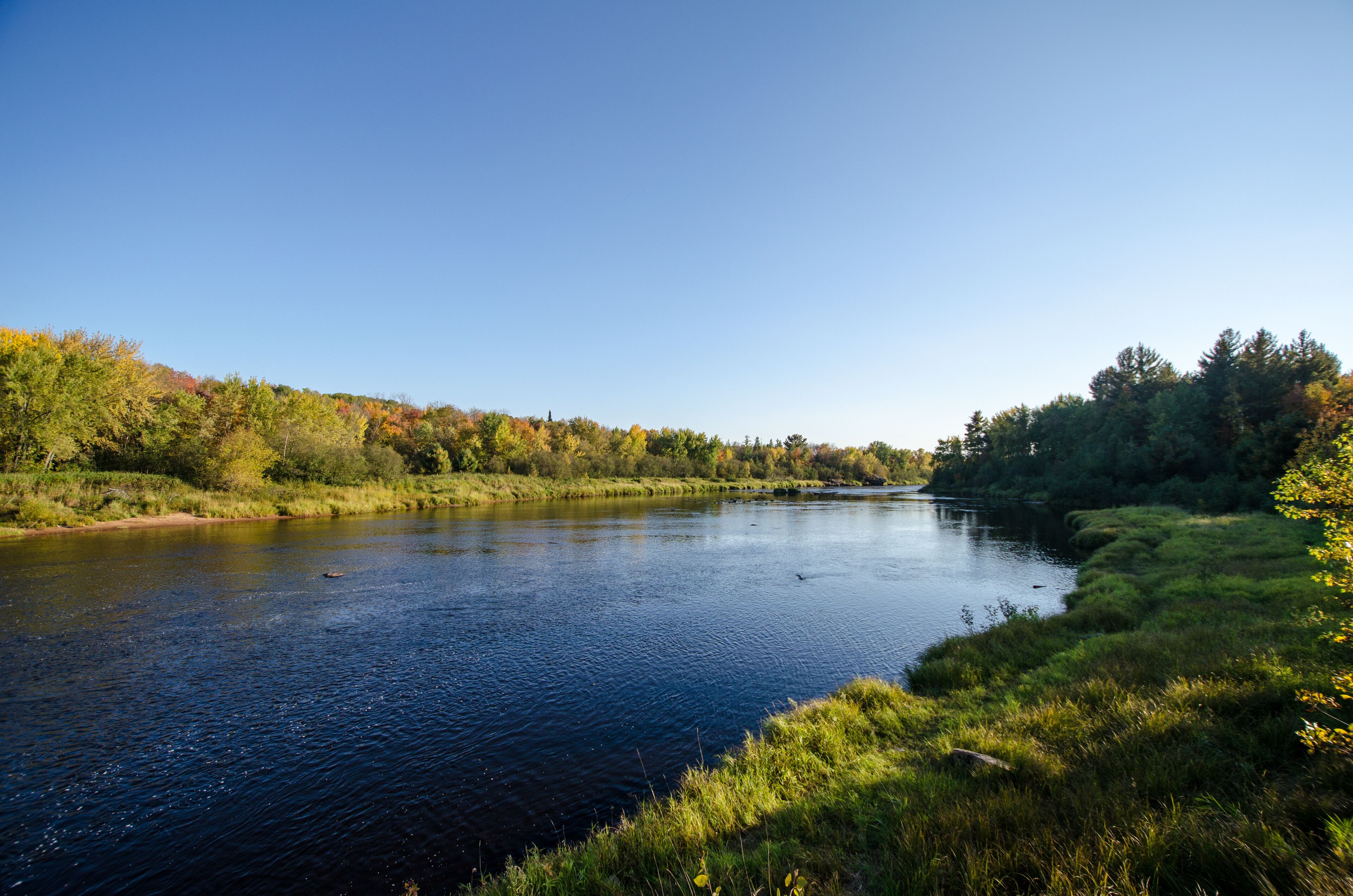 A calm river surrounded by lush greenery and trees with autumn foliage.