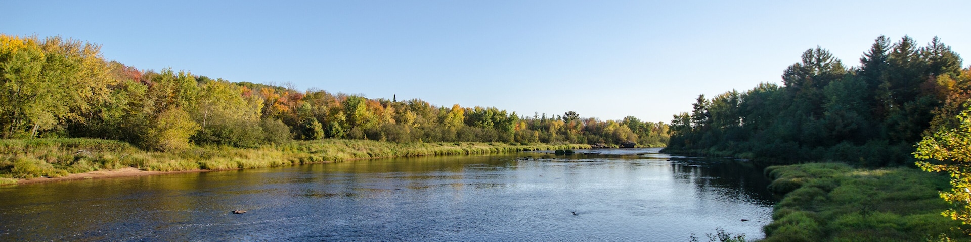 A calm river surrounded by lush greenery and trees with autumn foliage.