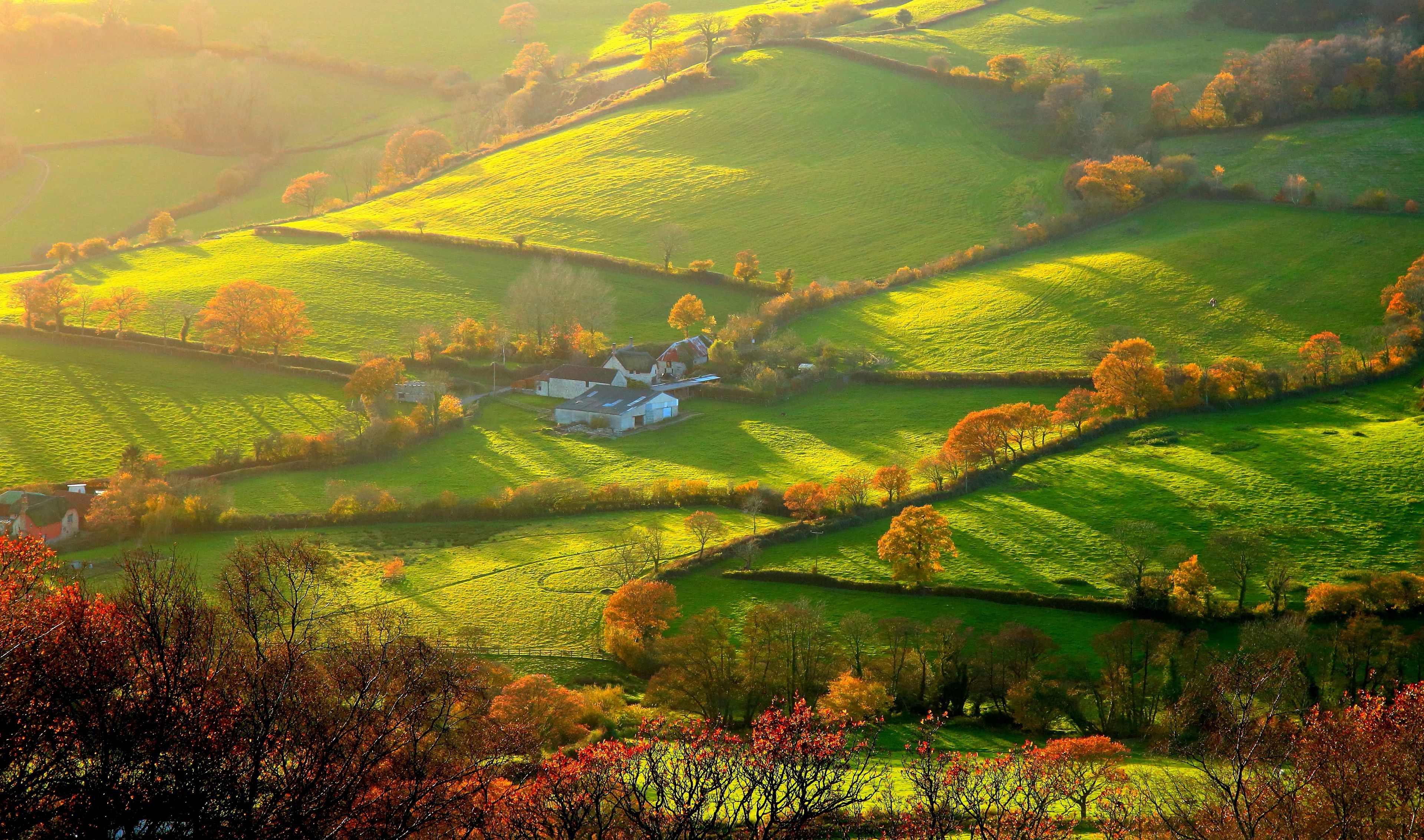 Rolling green hills, a small cluster of houses, and autumn-colored trees.