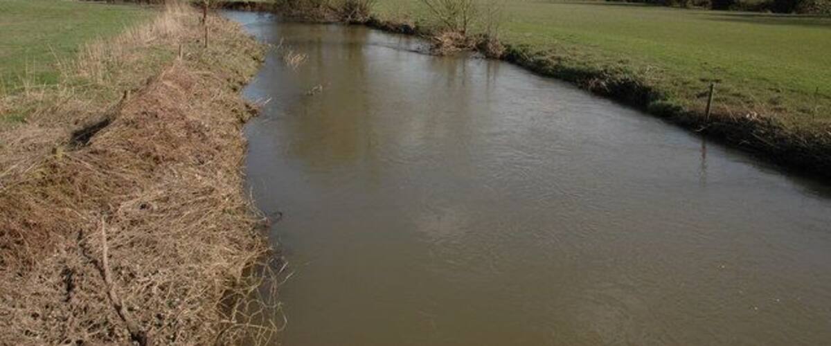 A calm river with grassy banks and trees in a rural landscape.