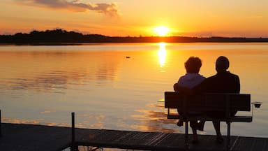Silhouette of two people on a bench on a dock as they enjoy a sunset over a beautiful lake in Minnesota on a serene and relaxing evening, while a Canada goose swims by on the water.