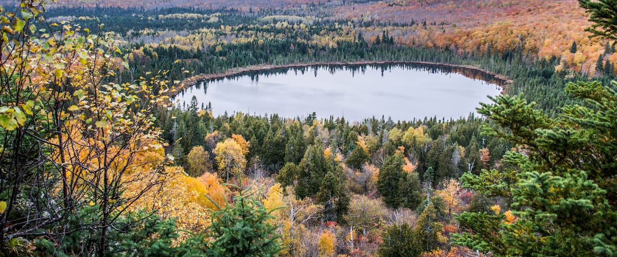 A lake surrounded by autumn-colored trees.