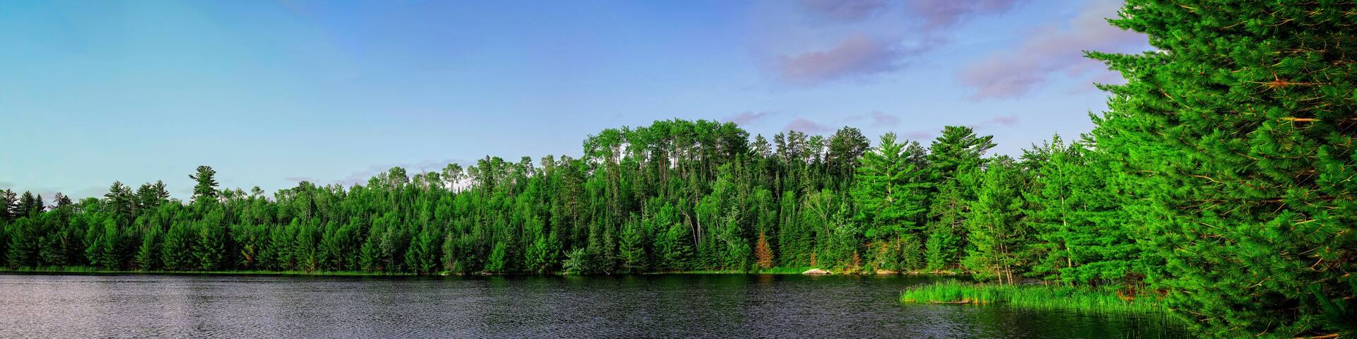 A panoramic image of Lost Lake in Voyageurs National Park, Minnesota, USA.