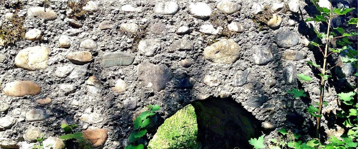 A stone bridge with a tunnel entrance surrounded by greenery.