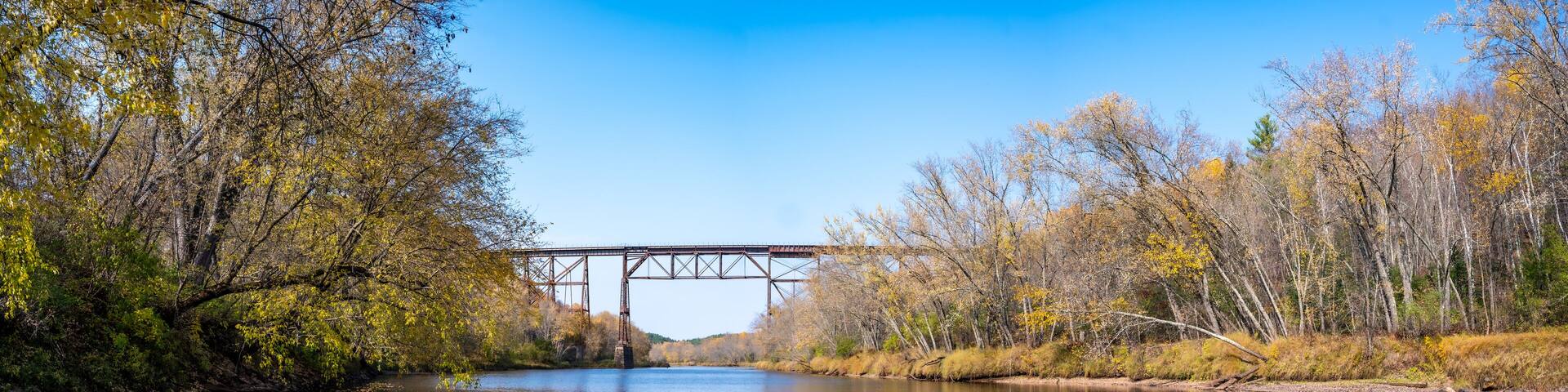 Railroad bridge crossing the Kettle River at Quarry Rapids Robinson State Park in Minnesota