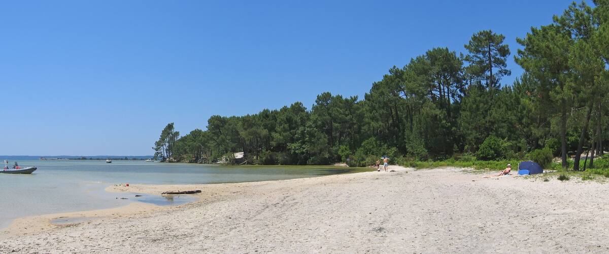 A beach with clear water, a boat, and a forest in the background.