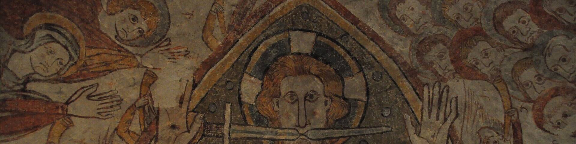 A medieval fresco with a central figure holding a cross, surrounded by other figures in a religious scene.