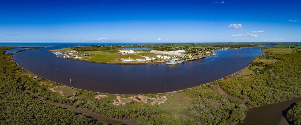 Burnett Heads, Queensland / Australia - April 2017 - Aerial Panorama of the Burnett River Mouth including EX HMAS Tobruk docked at the Port of Bundaberg