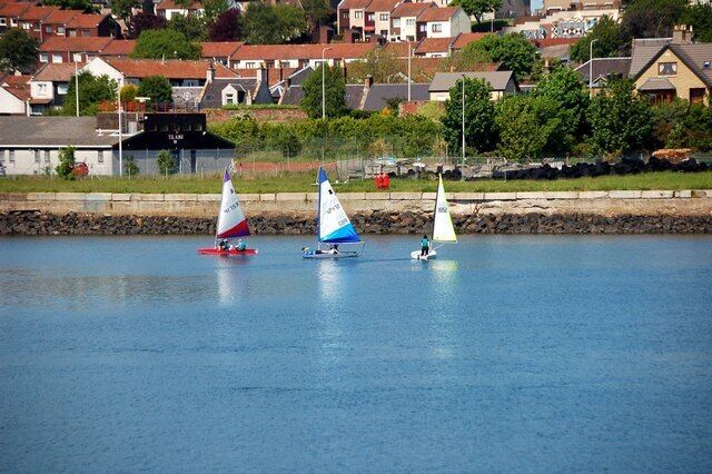 Three sailboats on a calm body of water with houses in the background.