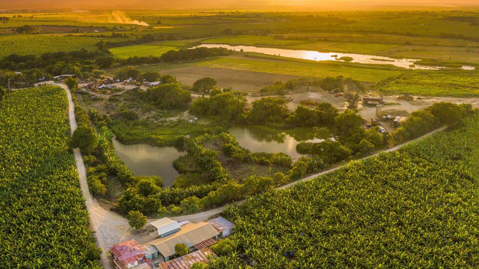 A rural landscape with a river, fields, and a small settlement with buildings.