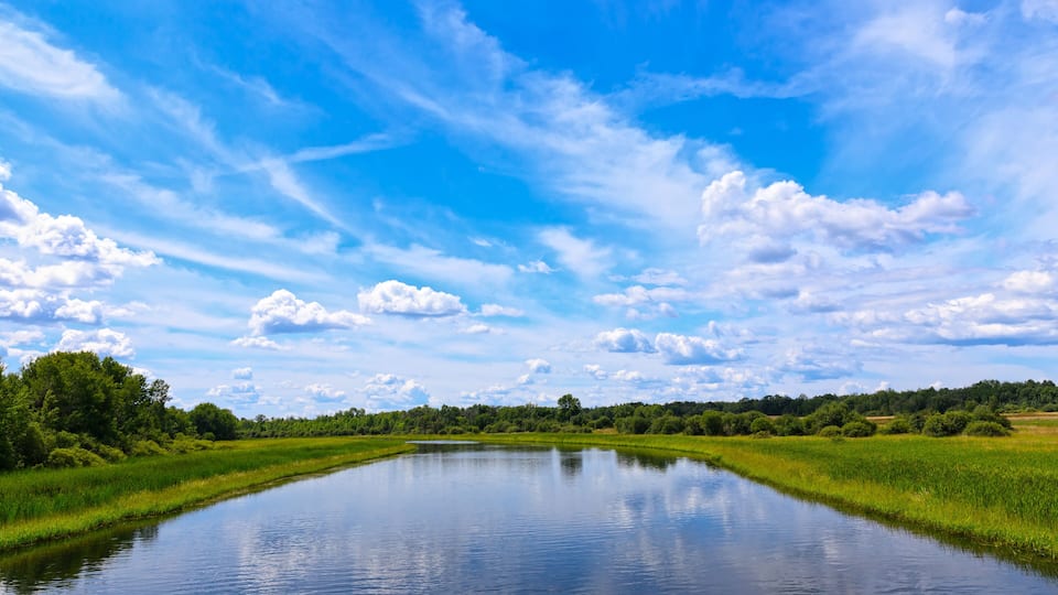 A calm river with lush greenery and a clear blue sky with scattered clouds.