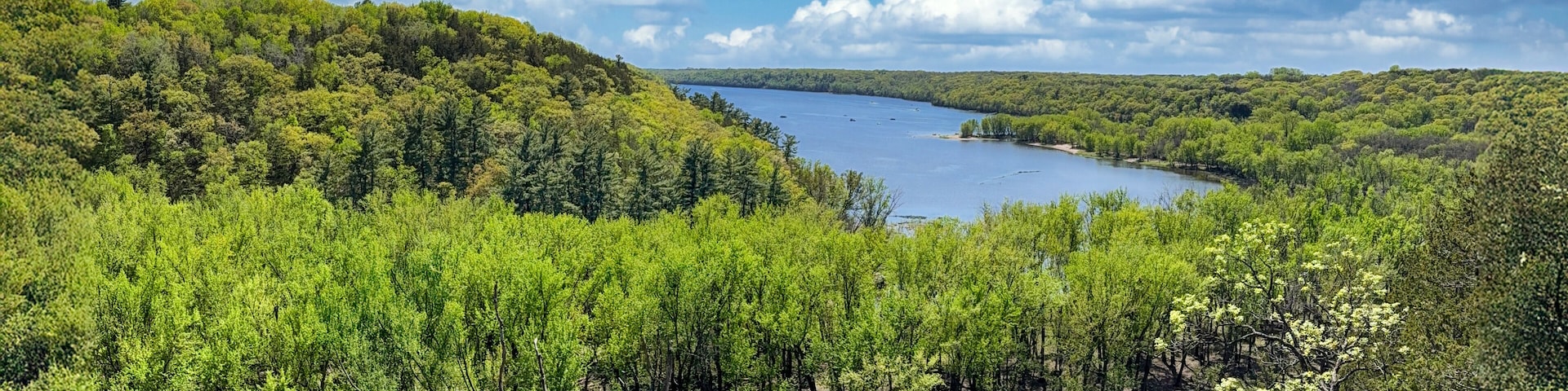 A river winding through a forested valley with a clear sky above.