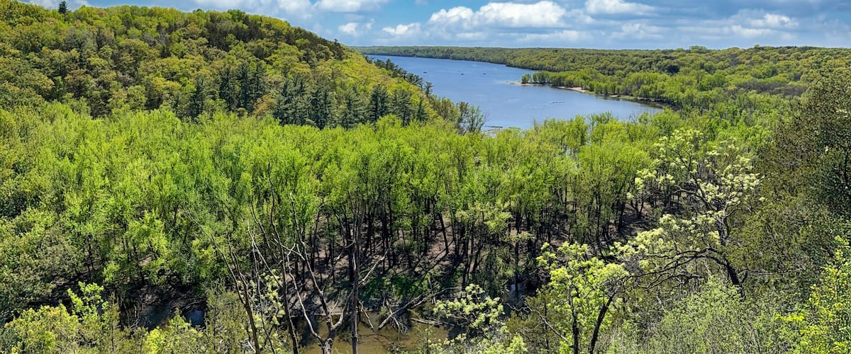 A river winding through a forested valley with a clear sky above.