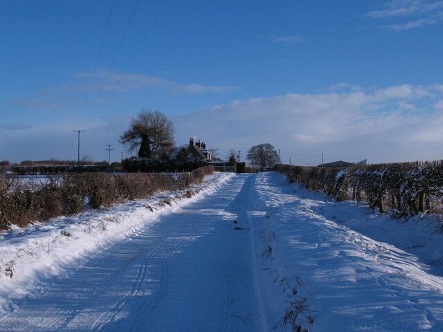Approaching Lingham Lane Farm Farm road and bridleway near Dishforth.