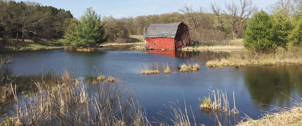 A red barn by a calm lake surrounded by trees and grass.