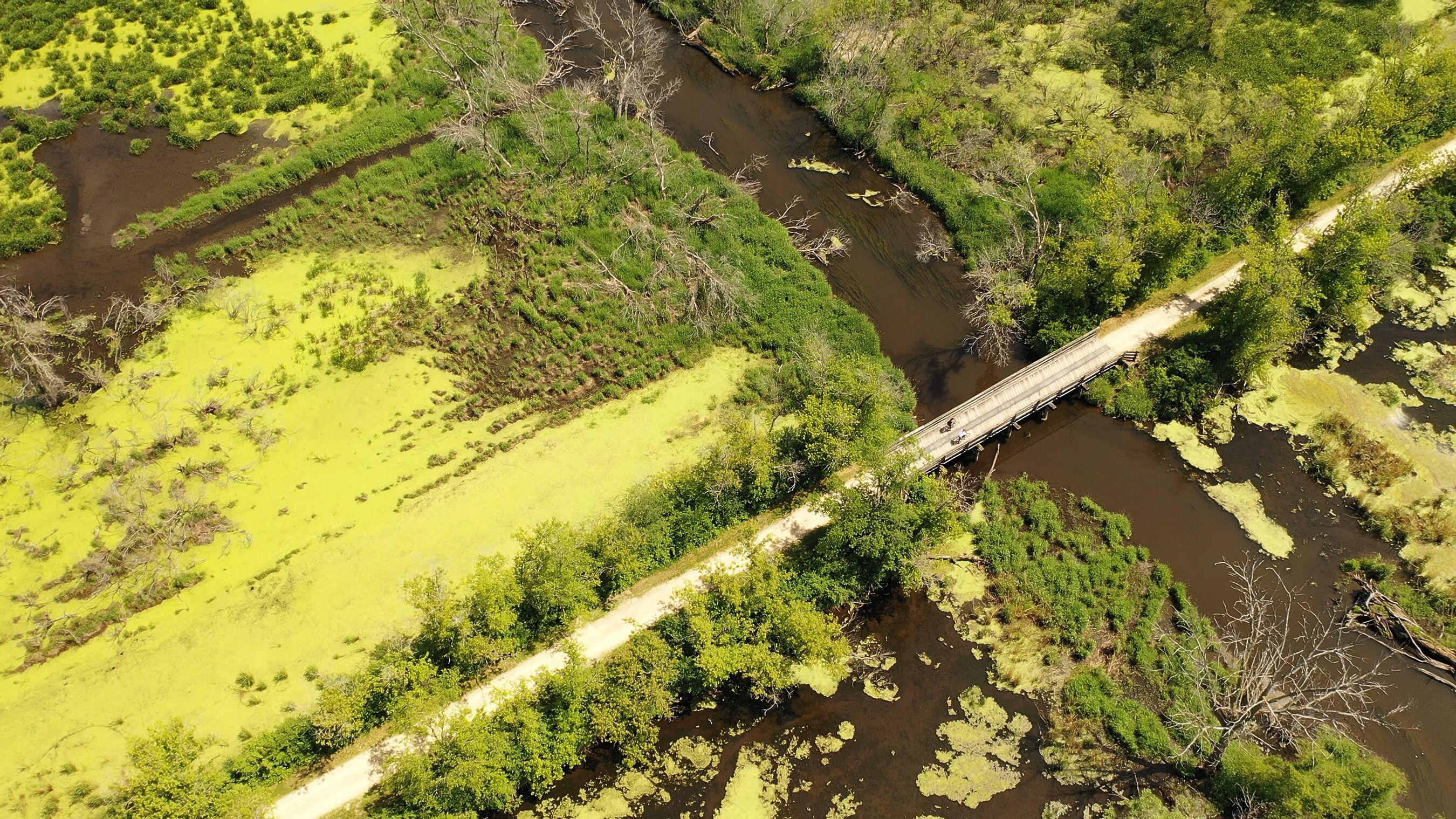 A river crossing a bridge over a green landscape with dense vegetation.