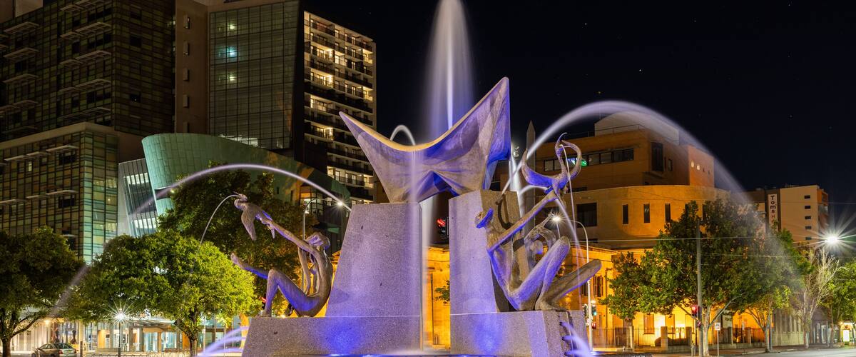 The Victoria Square fountain at night in Adelaide South Australia on January 25th 2021