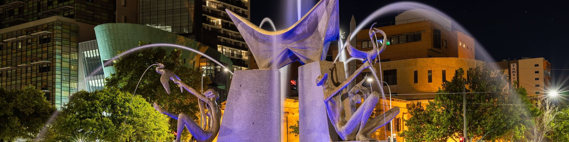 The Victoria Square fountain at night in Adelaide South Australia on January 25th 2021