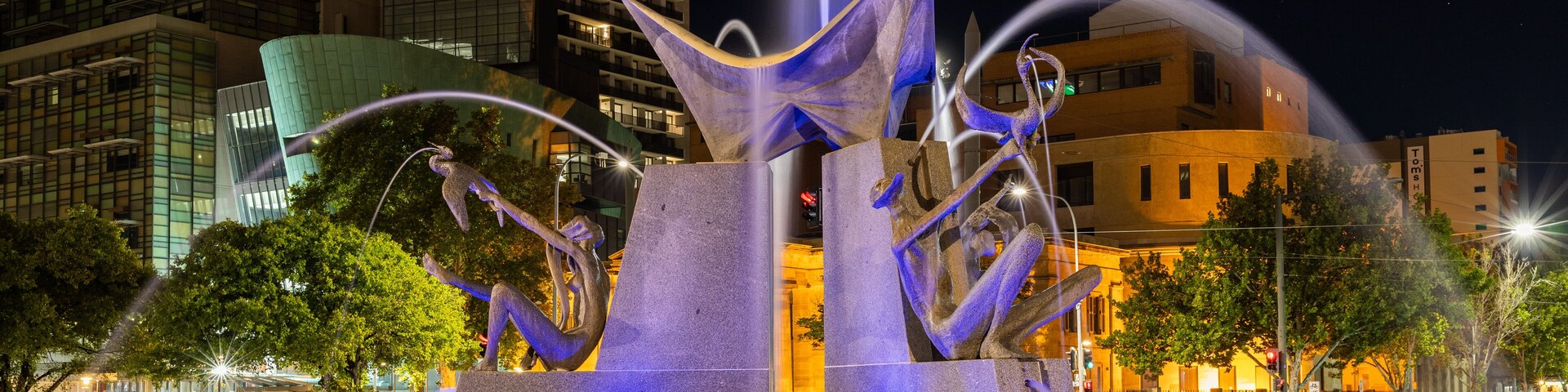 The Victoria Square fountain at night in Adelaide South Australia on January 25th 2021