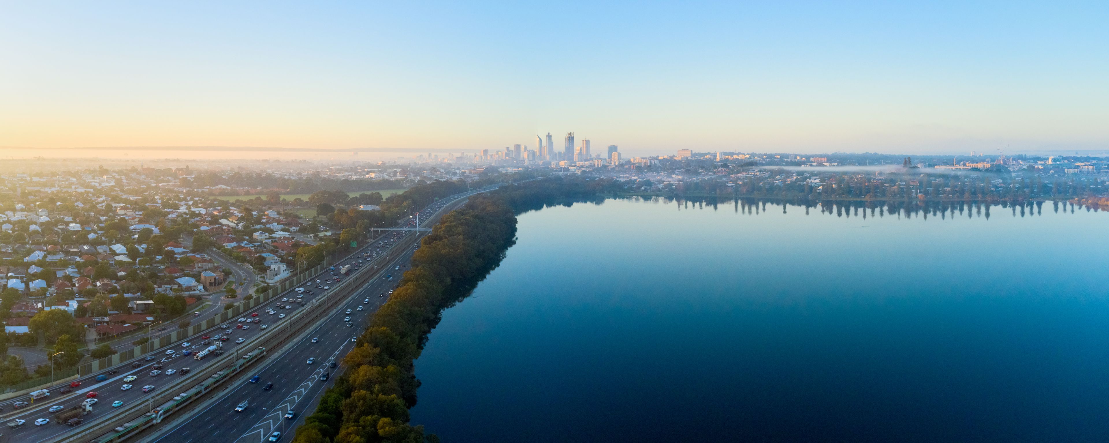 Perth Aerial Panoramic View Over Lake Monger on Misty Morning