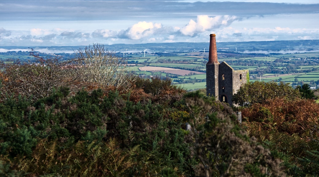 A rural landscape with a stone tower, wind turbines, and rolling fields.