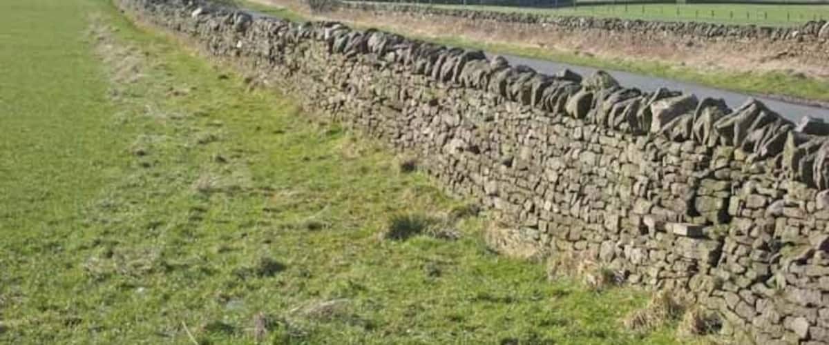 A stone wall running alongside a grassy field with a clear sky.