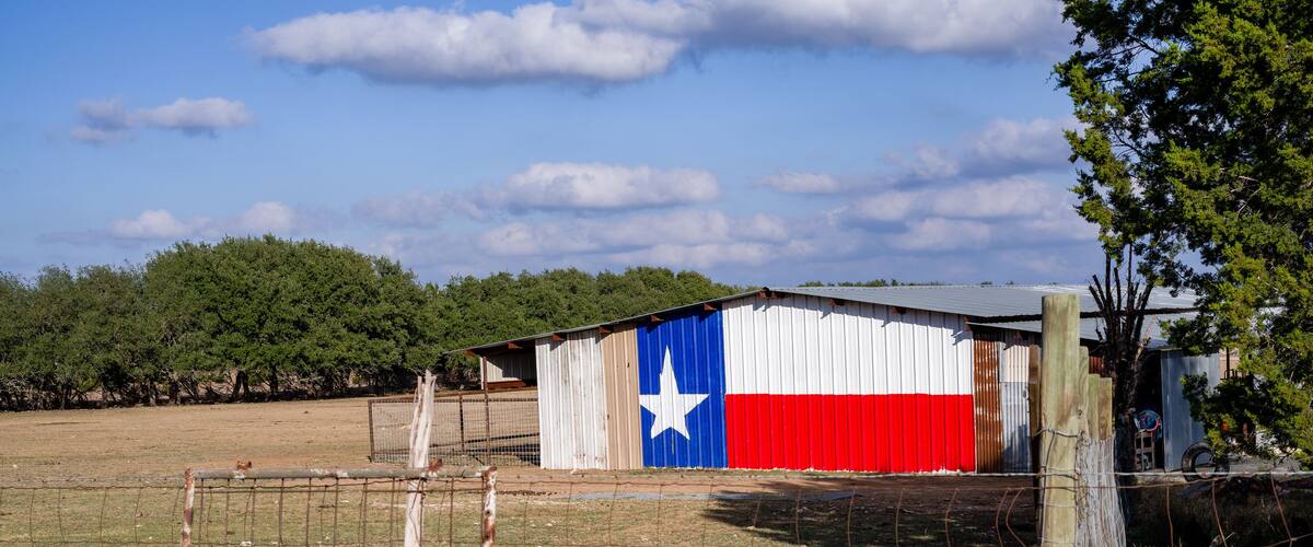 A rural landscape with a barn painted with the Texas flag, a fenced area, and a tree line in the background.