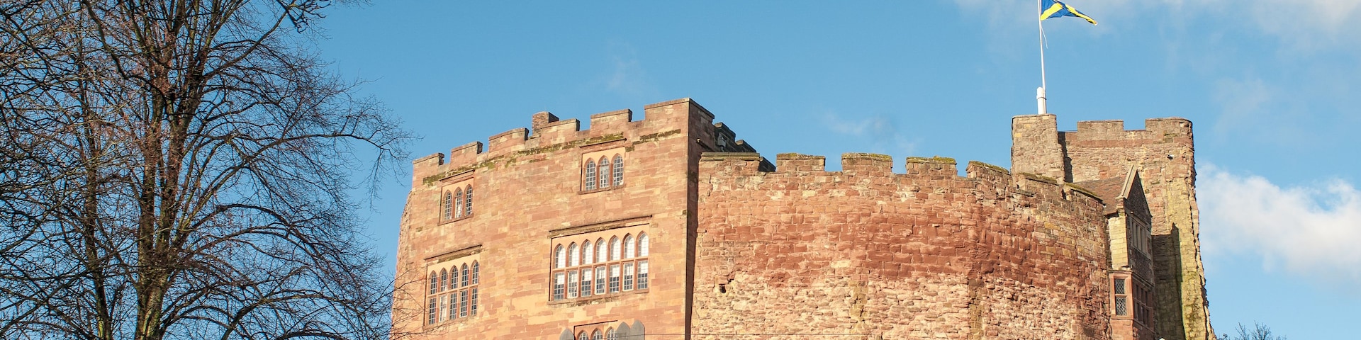 Un castillo de piedra histórico con una bandera en la cima, rodeado por una colina cubierta de césped y árboles sin hojas.