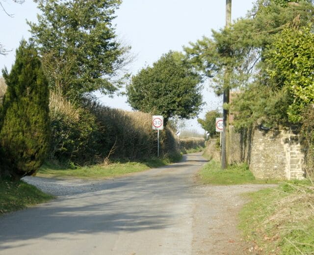 Tellis Lane, Binegar Heading north east out of Binegar. Seems to be a stretch of lane about 50 yards long with a 30 mph speed limit.