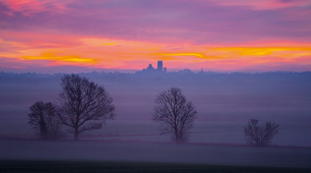 Paisagem com silhueta de castelo contra um céu de pôr do sol colorido, rodeado por árvores secas e um campo nevoento.
