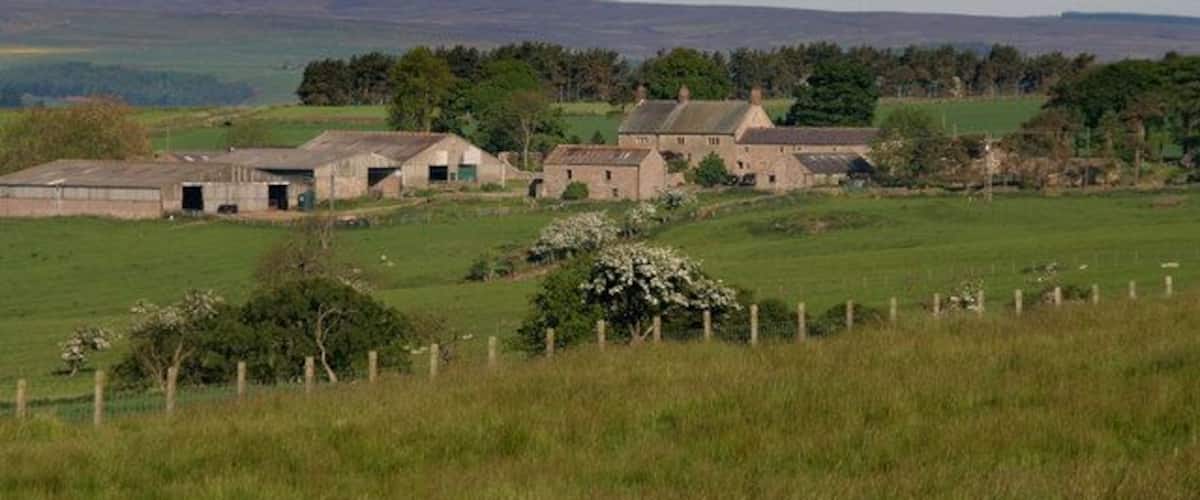 A rural landscape with farm buildings, green fields, and distant hills.