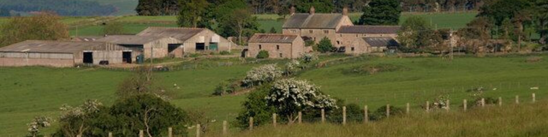 A rural landscape with farm buildings, green fields, and distant hills.