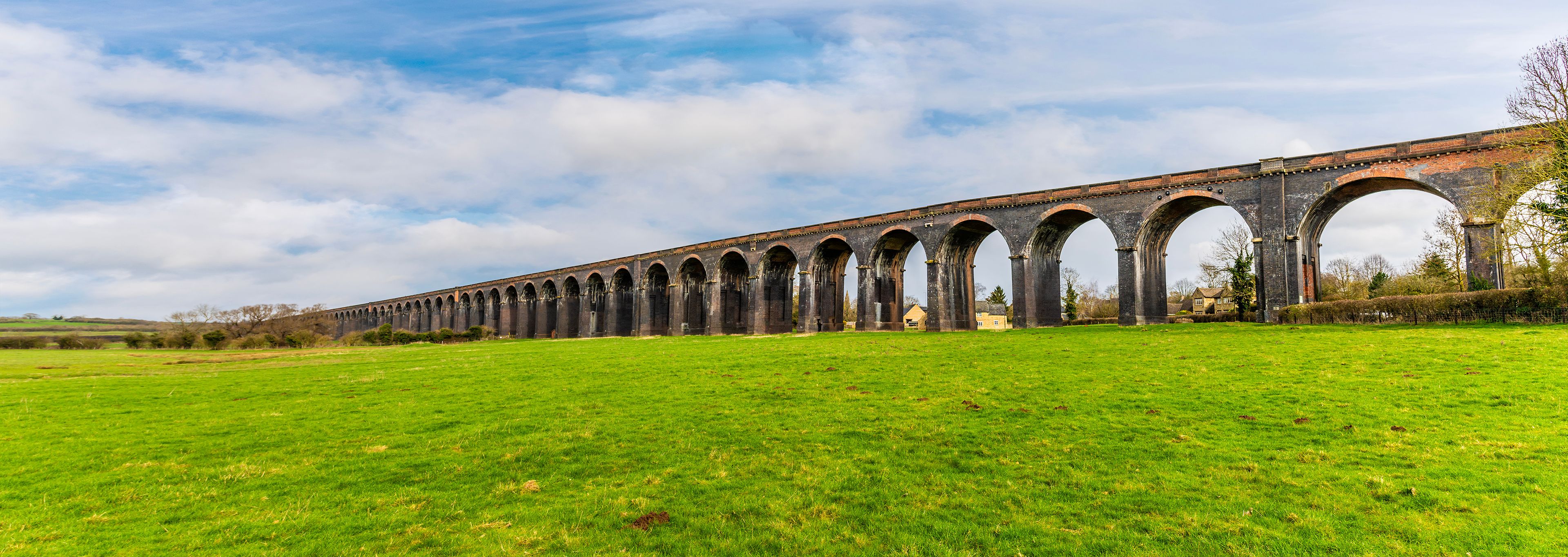 A panorama view westward along the spectacular Harringworth Viaduct on a bright winter day
