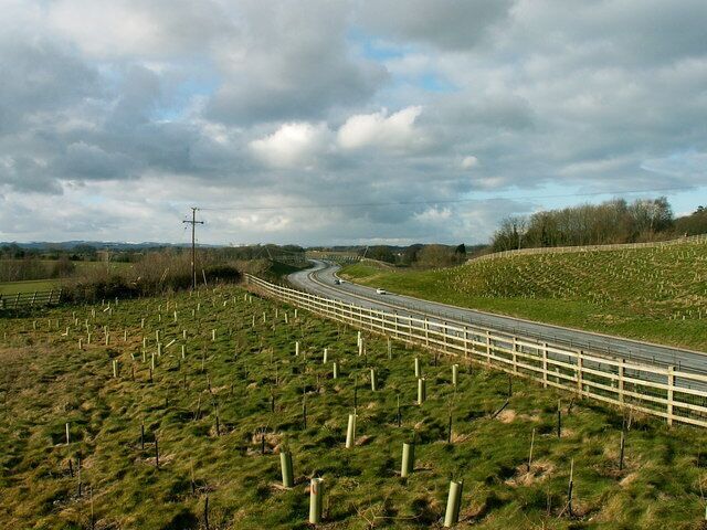 Nesscliffe bypass. Nesscliffe bypass north with pedestrian footbridge in the distance