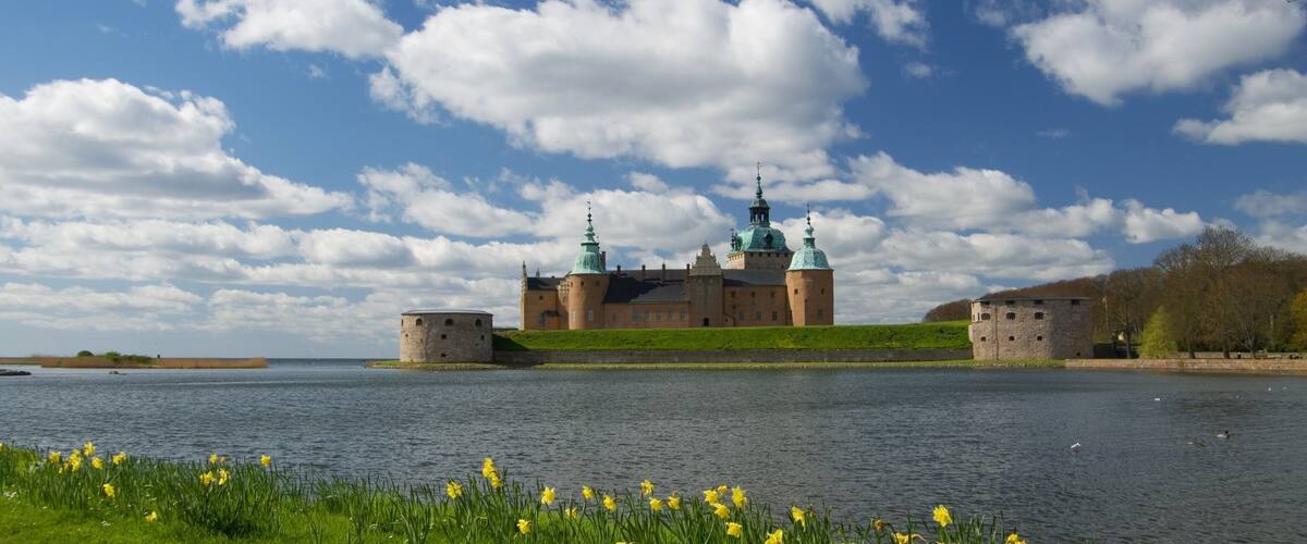 A historic castle by a calm lake with green grass and yellow flowers in the foreground.