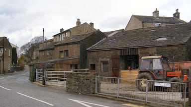 A rural street with stone buildings, a metal gate, and a parked tractor.