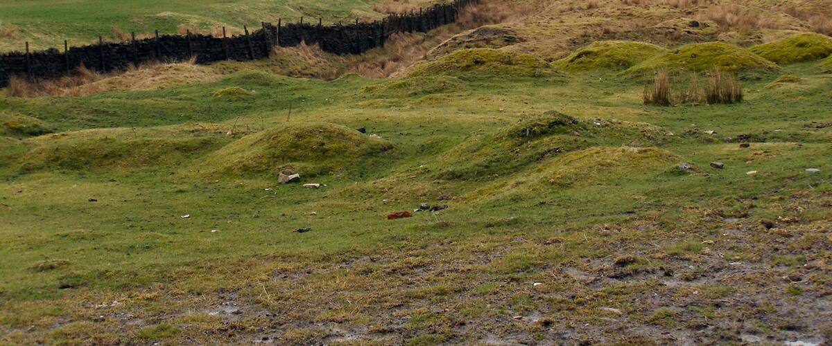 A hilly landscape with a stone wall, green fields, and a few cows grazing.