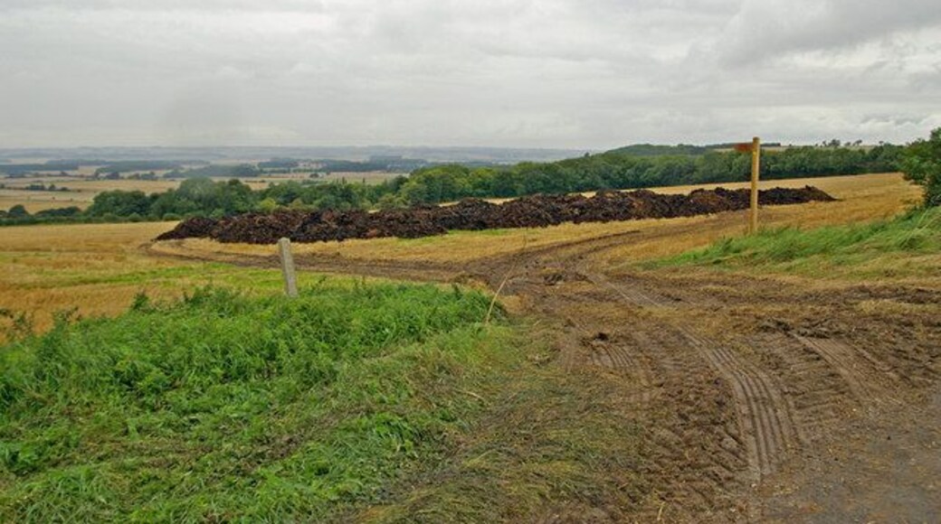 Muck ready for spreading near Bonby Photo taken on Middlegate on a rather grey afternoon. The concrete post in the foreground is a road boundary marker.
