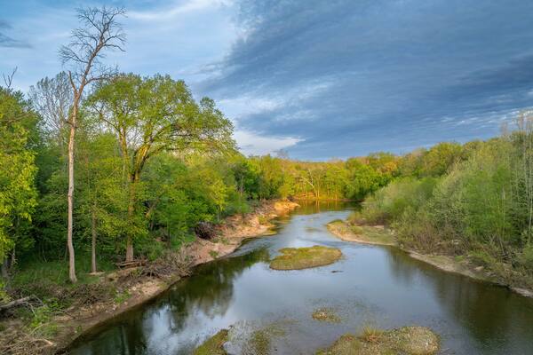 Bourbeuse River near Rosebud, Missouri in springtime scenery, aerial view