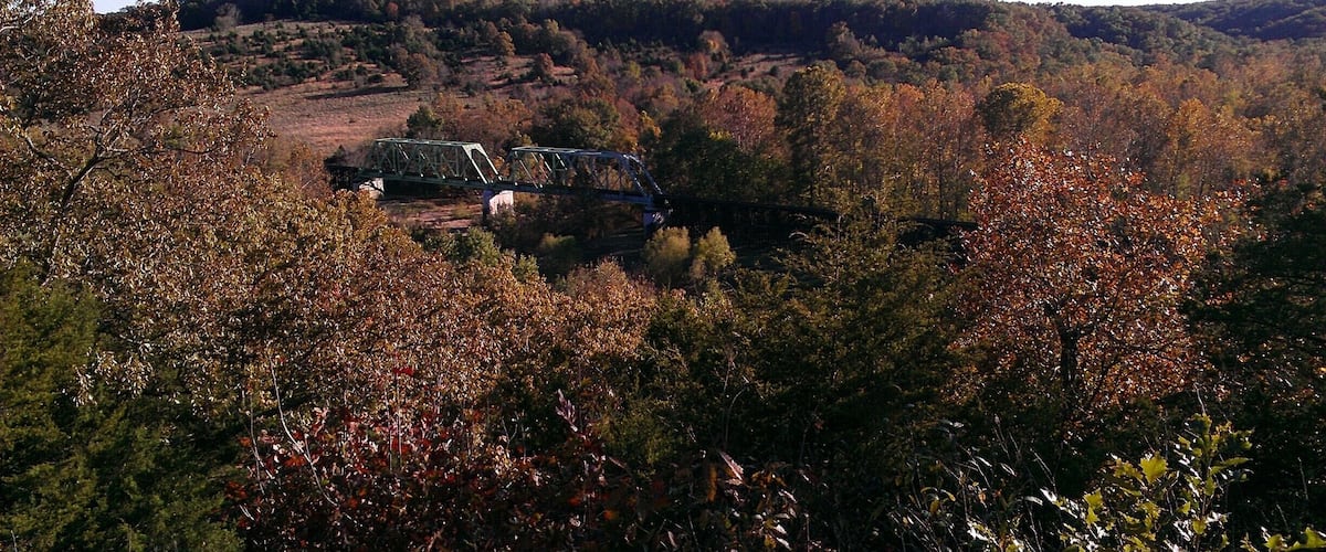 A green bridge over a river in a forested area with autumn foliage.